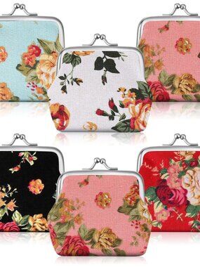 6 Pack Floral Canvas Small Coin Purse Mini Change Purse Coin Pouch Cash Wallet f